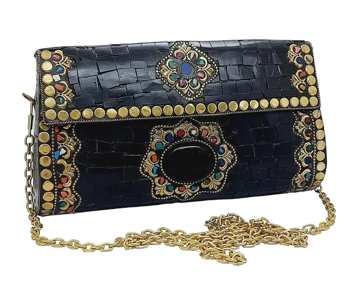 Black Stone Mosaic Metal Handbag for Women